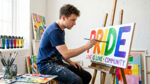 a bold, graphic composition showcases the young white male artist focused on painting a colorful pride sign. the studio is filled with vibrant colors and playful energy,