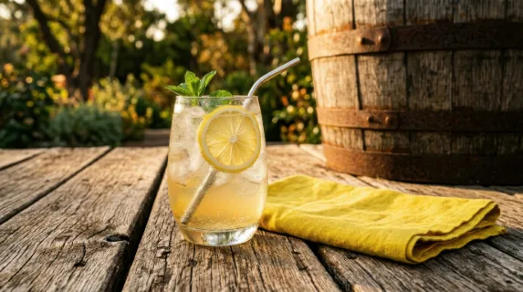 a close-up detail shot of a clear glass filled with a refreshing beverage, positioned elegantly on a rustic wooden deck. the bright citrus yellow linen napkin adds a pop