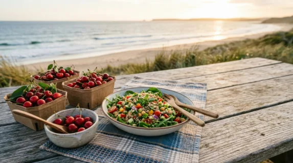 a wide shot of fresh cherries arranged in paper punnets on a sunlit wooden surface, with a grain salad composed of earthy greens, quinoa, and sliced vegetables displayed