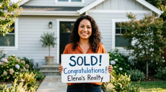 the 38-year-old hispanic homebuyer stands proudly in front of her new house, framed tightly as she holds the sold sign, her expression radiating joy and accomplishment.