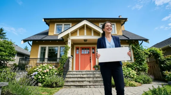 a low-angle shot of the realtor smiling while holding the blank sign, with the house and its coral door towering above her in a candid moment, set against a clear blue