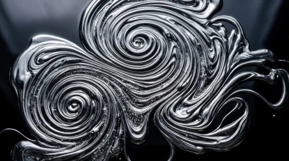 Liquid mercury-like metallic paint swirling across a dark surface in a dynamic pour, reflective silver fluid twisting into tight spirals and broad sweeping curves,
