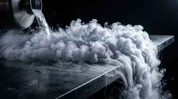 Cryogenic liquid nitrogen pouring across a dark flat surface and instantly vaporizing into a rolling ground-hugging fog cloud, the ultra-cold vapor cascading over the