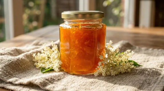 a close-up detail of the apricot jam jar, highlighting the vibrant orange jam inside the clear glass. the soft elderflower blooms surround the base of the jar, and the