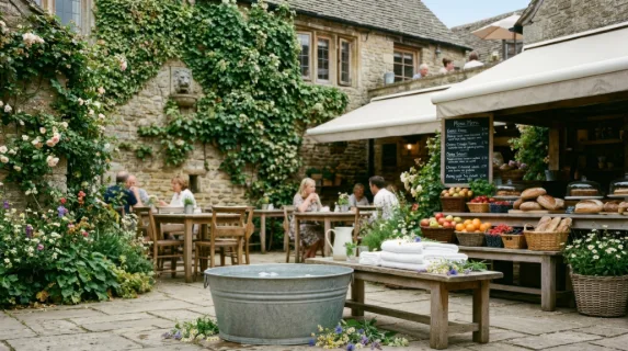 a serene outdoor cafe scene featuring a galvanized cold plunge tub filled with crisp, clear water, positioned in the lower third of the frame. soft white towels are