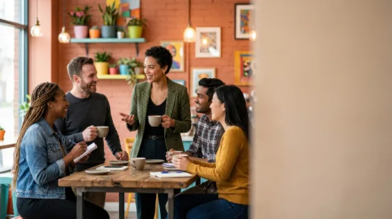 the sales representative stands at the center of a team huddle, with her team members engaged in animated discussion over coffee. the cafes colorful decor creates a