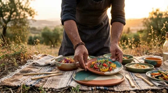 a close-up of the middle-eastern male chef's hands as he elegantly arranges colorful eco-friendly dishes on the picnic blanket at sunset. the golden light reflects off