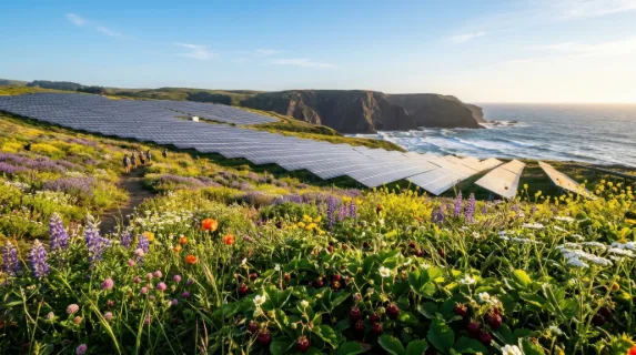 an expansive view of solar panels arranged in neat rows, surrounded by flourishing pollinator habitats filled with vibrant wildflowers and greenery, illuminated by golden