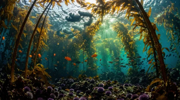 A forest of giant kelp photographed looking straight up from the seafloor, amber stipes rising thirty meters to the surface with broad fronds catching and filtering green