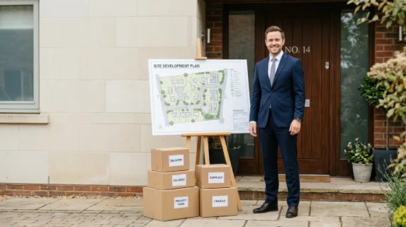 a graphic commercial shot showcases the businessman standing beside the site plan on the doorstep, surrounded by neatly arranged boxes. the composition is bold and clean