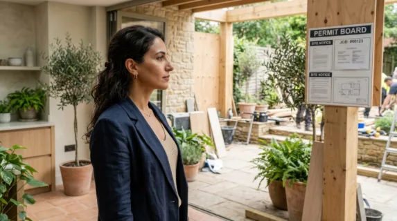 a distinct side profile of the 36-year-old middle-eastern female marketing director as she surveys the kitchen and patio, framed by soft greens and beiges. the angle