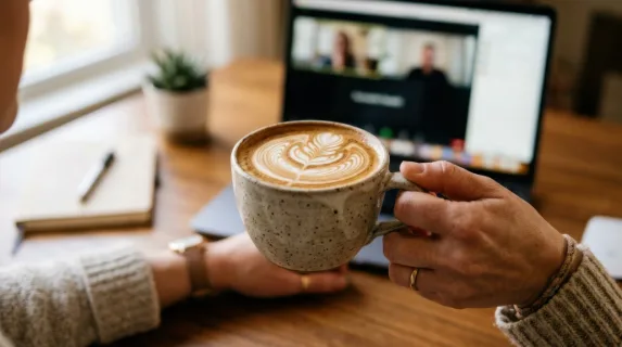 a close-up of the 35-year-old caucasian female remote worker's hand holding a mug of coffee decorated with beautifully layered flat white foam art, showcasing intricate