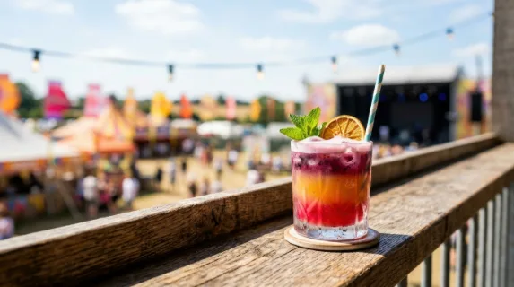a bold and graphic composition featuring a single colorful drink on a textured balcony surface, showcasing its vibrant colors against a generous negative space that