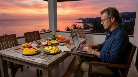 a side profile shot of the consultant engaged in his work, with an overhead view showcasing the coastal table filled with freshly cut fruit beside him. the sunset colors
