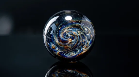 An extreme close-up of a glass marble resting on a dark mirror surface, the interior of the marble containing a captured universe of swirling cobalt, amber and white