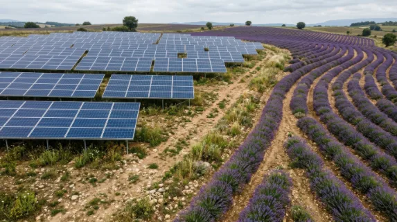 an overhead view of the solar panels against the backdrop of the lavender fields, capturing the interplay of natural elements like soft grass and scattered stones below