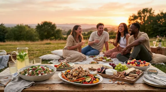 a clean, bold composition highlights the vibrant picnic spread, focusing on a variety of colorful dishes against a background of friends laughing during sunset. generous
