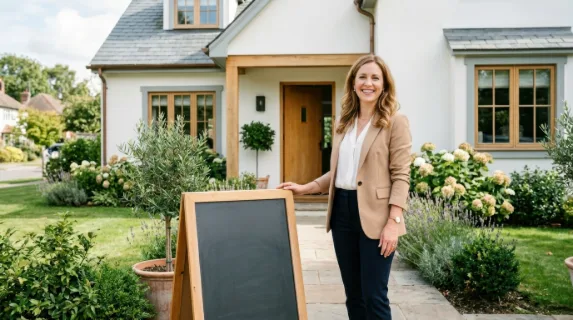 a 34-year-old caucasian female real estate agent stands confidently in front of a beautifully designed house, portraying an inviting atmosphere. the bright outdoor space