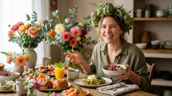 a close-up of the 34-year-old white female food stylist playfully presenting a beautifully arranged brunch spread, with her artichoke head subtly adding to the