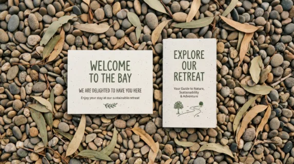 an overhead view captures the welcome card and brochure from above, symmetrically arranged on smooth pebbles with scattered eucalyptus leaves. the warm sunset colors and