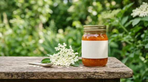 a bold and clean composition of the blank-label apricot jam jar on the weathered wooden table, accented by delicate elderflower blooms, set against verdant greenery. the