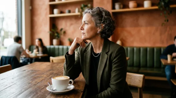 a bold composition featuring the director in profile, seated at the cafe table with the flat white prominently in the foreground. the vibrant earthy hues of the decor