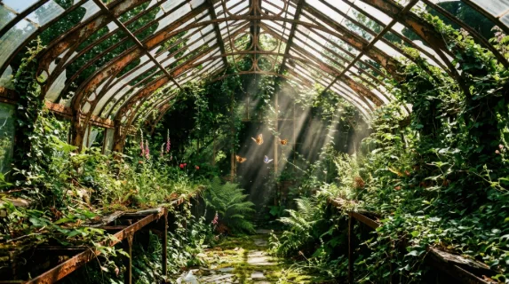 An abandoned greenhouse overtaken by wild plant life, metal frame arching overhead with glass panels missing in irregular patterns, shafts of noon light falling in