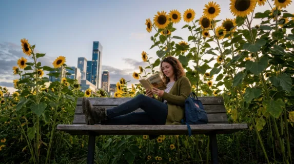 an angled view from slightly below the bench, showcasing the commuter sitting comfortably amidst the towering sunflowers, with a modern cityscape behind her. the light