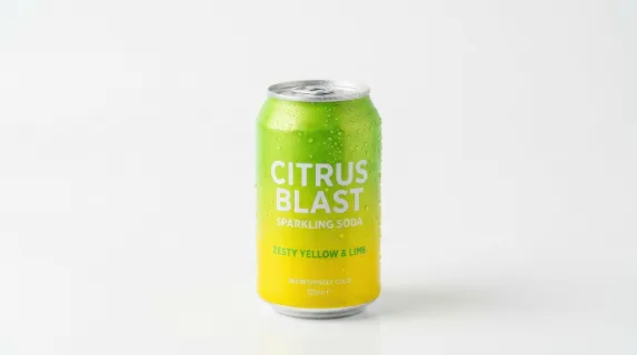 a graphic commercial shot of the chilled beverage can, centered and minimalist against a smooth white backdrop, captures its vivid yellow and lime colors crisply under