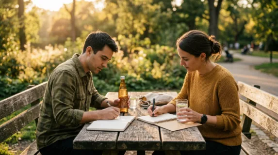 a side angle view of two coworkers at a rustic park table, with notebooks open and sparkling water in hand. the shot captures moments of engagement as they jot down notes