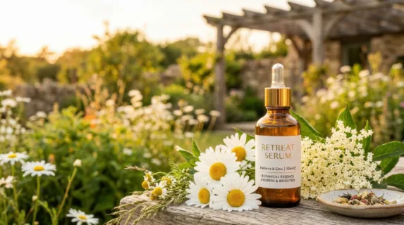a bold, clean commercial composition focusing on the amber serum bottle styled among oxeye daisies and elderflower blooms, optimizing copy space around the product. the