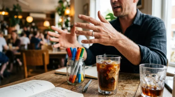 close-up of the freelancer's hands gesturing passionately while he presents, showcasing the colorful markers and cold brew glasses on the table in front of him. the focus