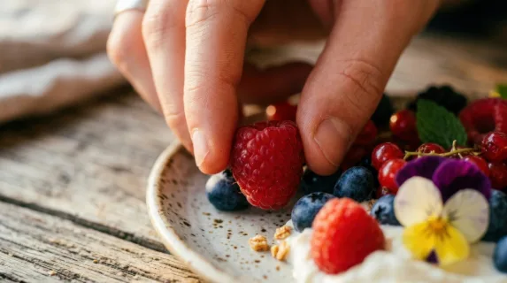 a close-up detail shot of the colorful food items being arranged on a rustic wooden table by a young white male. this intimate composition highlights the textures and