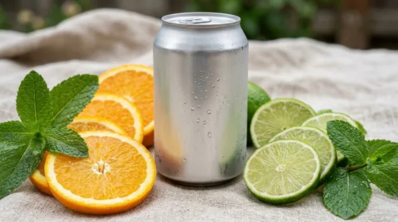 a tight close-up of the blank beverage can highlights its clean surface, surrounded by meticulously sliced oranges and limes, showcasing textures against a soft linen