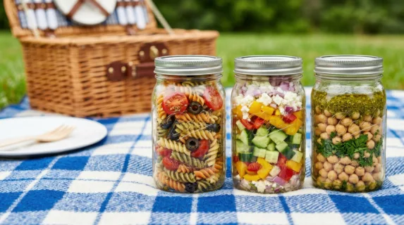 a bold, graphic composition highlights the colorful pasta salad ingredients within the glass jars, arranged neatly against the textured picnic blanket. the clean studio