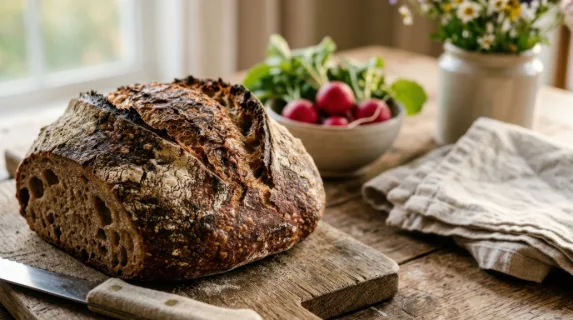 a tight focus on the textures of sourdough bread, with the vibrant colors of radishes and delicate linen napkins in the background. the soft, golden hour light enhances