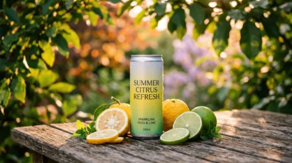 a beautiful summer scene featuring a sleek slim can with visible condensation placed gracefully on a textured wooden surface, surrounded by fresh slices of yuzu and lime