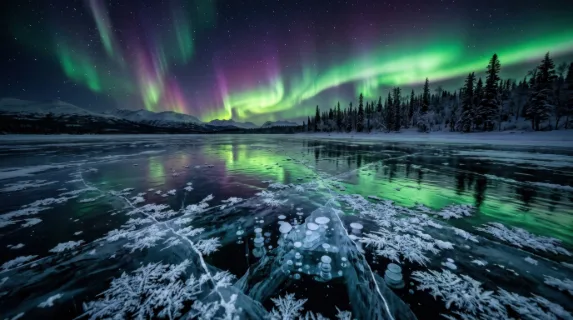 A frozen tundra lake at polar night, perfectly transparent ice revealing trapped air bubbles suspended in geometric formations meters below the surface, northern lights