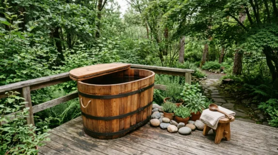 a cedar plunge barrel sits prominently on a weathered wooden deck, framed by lush green foliage filtering sunlight that casts gentle dappled shadows across the scene. the