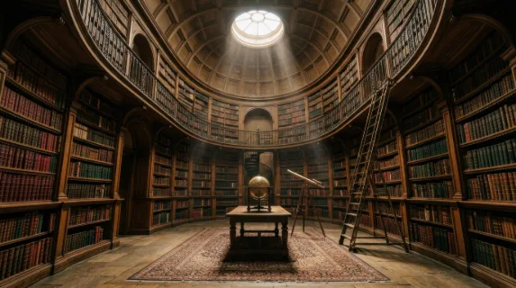 A centuries-old library interior with no people, floor-to-ceiling dark oak shelves curving around an oval reading room, thousands of leather-bound volumes in deep
