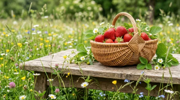 a close-up shot focusing on the lush green grass and scattered wildflowers surrounding the rustic wooden table. the vibrant colors and textures of the fresh strawberries