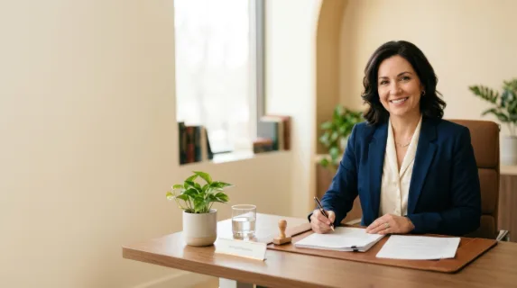 a graphic commercial composition featuring the notary seated at her desk, with plenty of negative space for text overlay. the clean lines of the modern workspace,