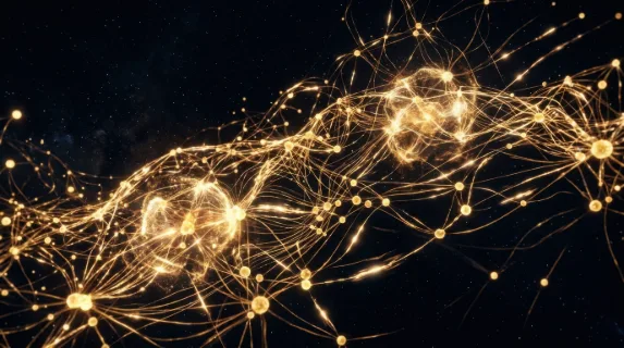 Abstract visualization of artificial intelligence, a luminous neural network rendered as floating golden nodes connected by glowing filaments spreading across a dark