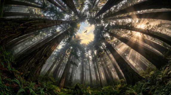 A colossal ancient redwood forest photographed from the forest floor looking straight up, towering trunks converging toward a small circular patch of golden sky far above