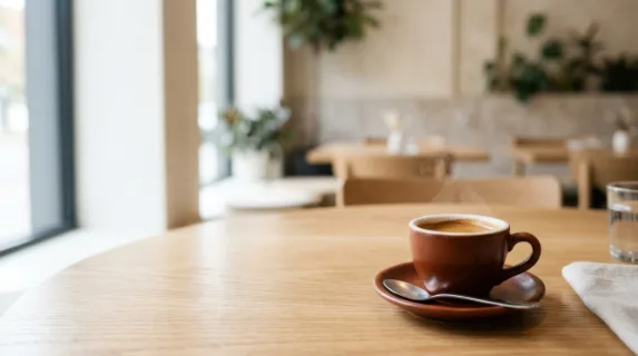 a graphic composition of the steaming espresso cup on the table, with generous negative space around it for potential text overlay. the rich brown coffee contrasts with