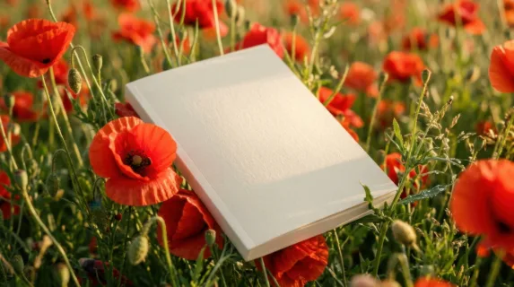 a close-up of a blank paperback book cover resting among bright red poppies, the soft sunlight illuminating its surface with a gentle highlight. the floral textures and