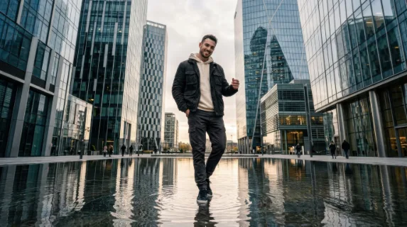 a low angle shot of the influencer framed against the urban plaza's reflections in shallow water, capturing the essence of his personality. the sleek build of modern