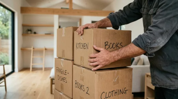 a focused shot of the mover's hands adeptly stacking boxes, with tactile details highlighting the texture of the cardboard and the precision of the action. the clean