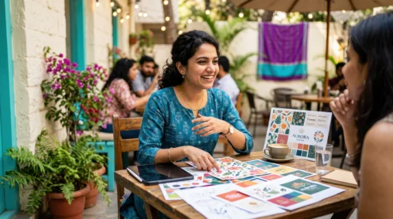 in a vibrant outdoor cafe setting, a 28-year-old indian female designer engaged in a casual conversation showcases her design mockups spread out on a small wooden table