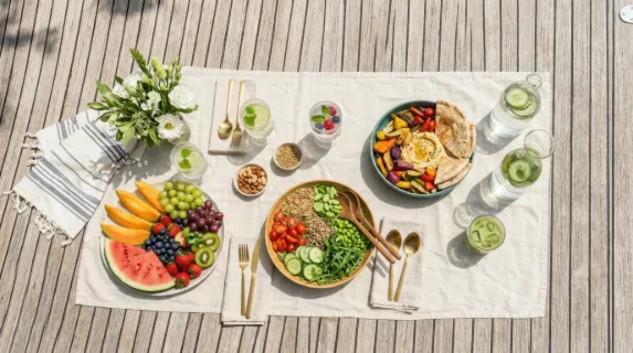 a bold overhead shot of the picnic spread on the boat deck showcasing vibrant fruits, fresh salads, and elegant beverages in glassware, all arranged to create generous